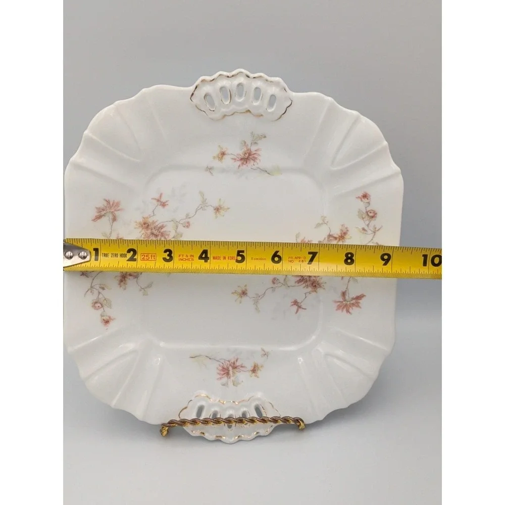 Vintage Leonard Vienna, Austria Porcelain Serving Plate, Floral w Cutout Handles